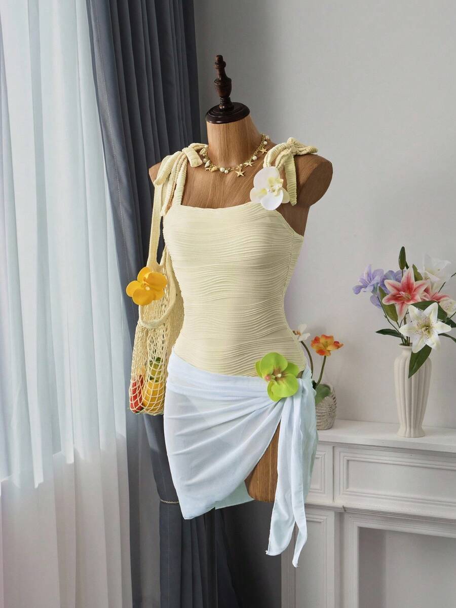 Bellisia Summer Beach Solid Tie Shoulder One Piece Swimsuit Bathing Suit One Piecebathing Suit