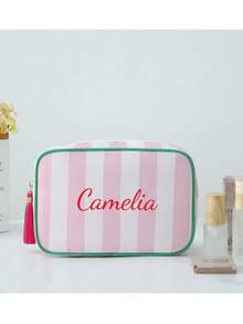 Customized Personalized 1pc Jewelry Organizer, Cosmetic Bag, Gift Bag, Tool Bag, Women's Minimalist Fashion Striped Tassel Large Capacity Makeup Bag, Portable Toiletry Bag, Suitable For Women, College Students, High School Students, Outdoor Travel, Vacation, Home Storage, School Dorm Bathroom, Exclusive Custom Gift, Multi-Functional, Multi-Purpose, Large Capacity, Lightweight, Practical, Convenient