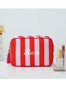 Customized Personalized 1pc Jewelry Organizer, Cosmetic Bag, Gift Bag, Tool Bag, Women's Minimalist Fashion Striped Tassel Large Capacity Makeup Bag, Portable Toiletry Bag, Suitable For Women, College Students, High School Students, Outdoor Travel, Vacation, Home Storage, School Dorm Bathroom, Exclusive Custom Gift, Multi-Functional, Multi-Purpose, Large Capacity, Lightweight, Practical, Convenient
