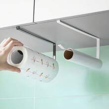 1pc Black/White Kitchen Paper Towel Holder, Cabinet Paper Towel Rack, Iron Wall Mounted Cling Film Storage Rack, No Drilling Required