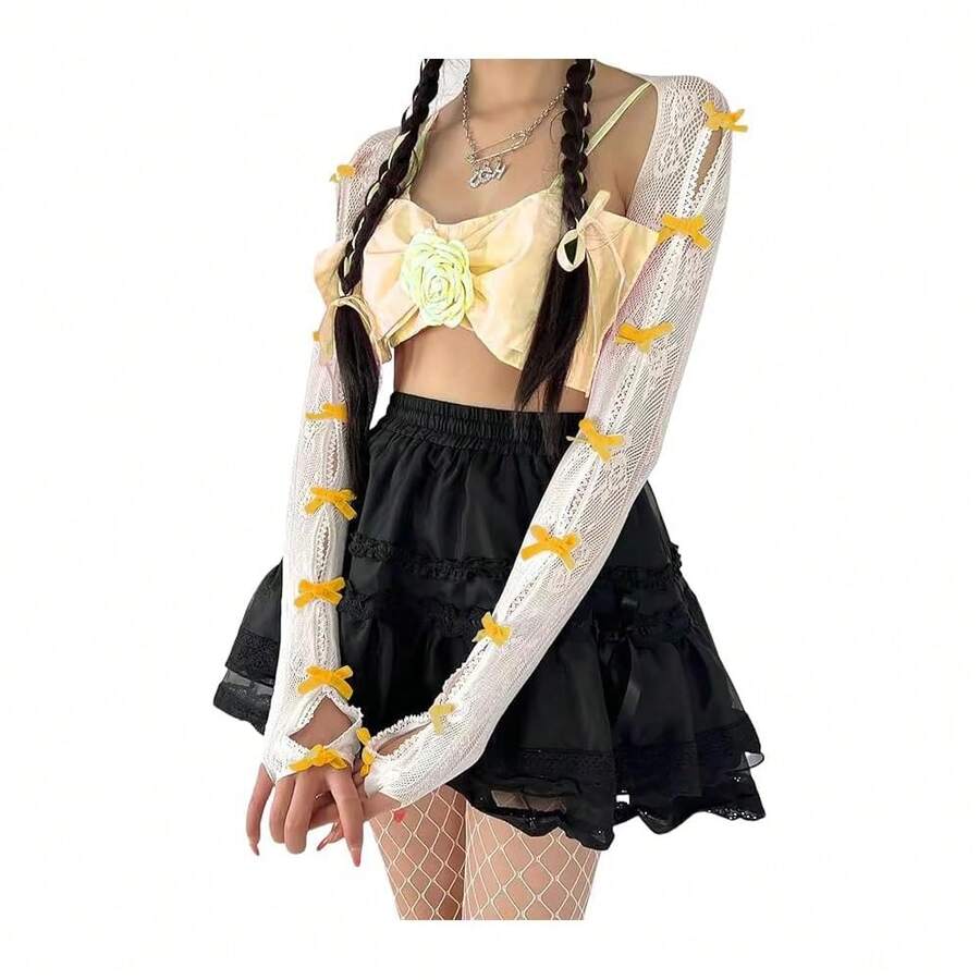 Women's Mesh Lace Shrug Crop Top Y2K Aesthetic Grunge Arm Sleeves Cardigan With Bow Going Out Shirts Summer{"Color_name":"Yellow"} - 多色7 - 查看 1
