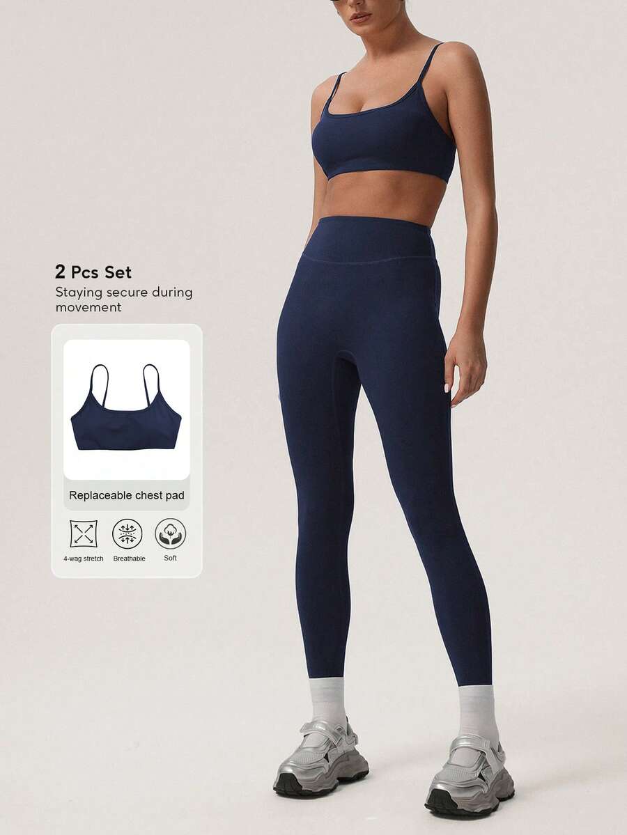 Sodalemon Women's Solid Color Thick Sports Bra & Yoga Leggings 2 Pieces Set, Minimalist Design For Fitness Training - Màu xanh hải quân - Xem 1