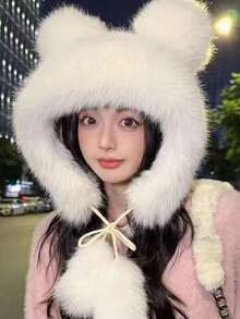 1pc New Ladies Cute Fluffy Tassel Ball Pom Pom Design Bucket Hat With Kitten Ears Lei Feng Hat, Warm Oudoor Casual Cute Hat - Multicolor - View 2