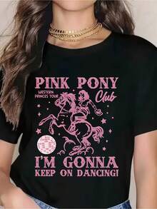 Pink Pony Club I'm Gonna Keep On Dancing T-Shirt Women's Summer Casual Graphic Tee With Horse And Disco Ball Design For Party, Festival, And Dance Events - 黑色 - 查看 1