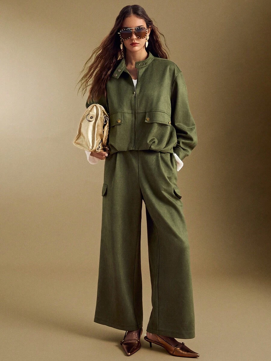 Sollinarry Women's Spring New Faux Suede Fashion Olive Green Stand Collar Zip Jacket And Matching Wide Leg Pants 2 Pieces Set - Army Green - View 1