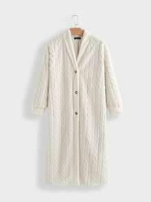 休闲优雅时尚别致通勤日常温暖浪漫蓬松长款女士冬季外套，厚实开衫 - 白色 - 查看 2