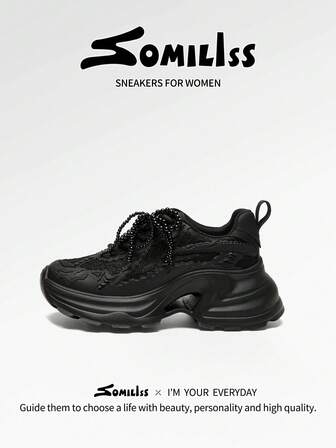 somiliss 6 cm platåskor med snörning för dam, vardagliga sportskor, ventilerande mesh, halkfria, mjuka och bekväma, moderiktiga grova sneakers med pärlkedjedekor, svarta