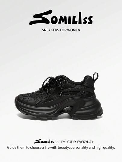 somiliss 6cm Platform Lace-Up Women's Casual Sports Shoes, Breathable Mesh, Anti-Slip, Soft & Comfortable, Fashionable Chunky Sneakers With Pearl Chain Decor, Black