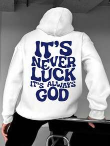 ONE WAVE 男士秋冬标语“这绝非运气，而是上帝的旨意”印花极简黑色连帽衫 - 白色 - 查看 3