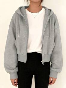 Sudadera con capucha, versátil, moderna, entallada, con cremallera, cálida, de color liso y forro polar para mujer Sudaderas de Mujer Abrigos de Mujer - Gris - Ver 3