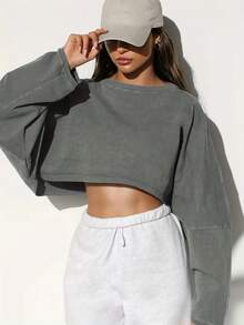 Stylish Oversized Cropped Sweatshirt For Women - Soft And Cozy Long Sleeve Top, Perfect For Casual Outings Or Layering -  Streetwear Fashion, Ideal For Fall And Winter Wardrobe - Available In Multiple Colors To Match Your Unique Style. -Light Grey Spring And Autumn All-Match Casual Basic Style, Playful And Tall - 淺灰 - 查看 5