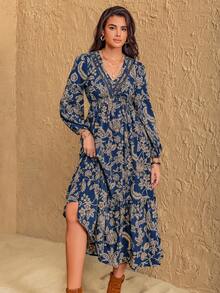 Rusttydustty Bohemian Style Women's Multicolor Floral V-Neck Lace Romantic Dress, Suitable For Music Festivals And Parties Vacation Elegant - Dusty Blue - View 8