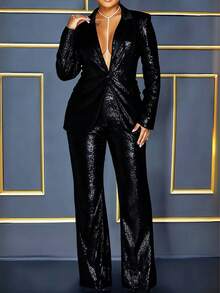 Valentine's Day, Date Night Outfit, Gifts For Her Magic Mia Women's Sequined Blazer & Pants Set - Sparkly One-Button Two-Piece Suit | Wedding Tuxedo Style For Prom, Holiday Parties, NYE, Club Events & Business Functions - Black - View 2