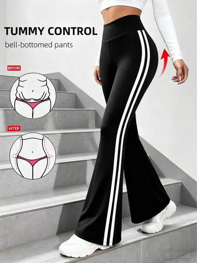 Women's Autumn Elegant Sports Striped Contrast Side Stripe Sportswear. High-Stretch Polyester Solid Color With Side Stripe Sportswear Pants. High-Waisted Casual Pants, Solid Color Side Stripe Tight Sportswear Leggings, Knit Fabric Wide-Leg Pants, Suitable For Fitness And Leisure Wear