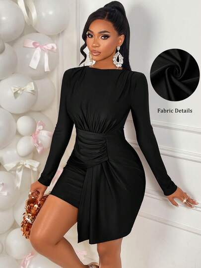 AIJ Amarilo 女士时尚性感派对连衣裙，圆领，长袖，垫肩，腰部荷叶边，不对称拼接迷你连衣裙，优雅