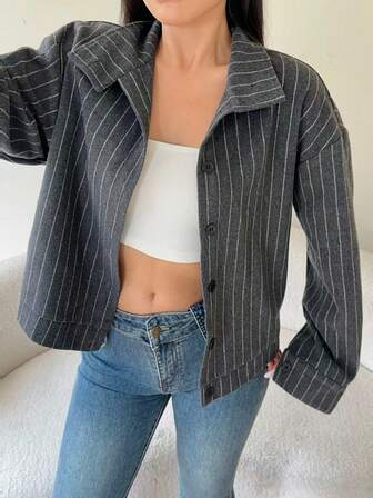 女士冬季深灰色条纹羊毛混纺大衣 - 商务通勤风，圣诞节和感恩节日常穿着