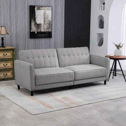  HOMCOM Convertible Sofa Bed With Adjustable Back, Button Tufted Sleeper Sofa Bed Couch With Wood Legs For Living Room, Guest Room, Apartment, Grey
