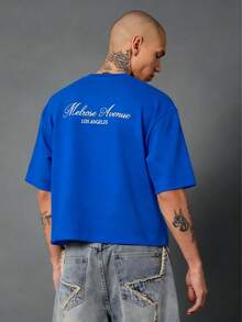 Melrose Avenue Los Angeles Crop T-Shirt Urban Streetwear Script Logo Back Print Casual Summer Lightweight Top Boxy Style Hip Hop Fashion Downtown Culture-Unisex Comfortable Retro Cotton T-Shirt-L91 - Màu xanh lam - Xem 1