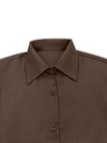 HUTENER Plus Size Women 2 Pieces Set - Lantern Sleeve Solid Color Lapel Button Design Blouse + Pocket Ruched Long Pants, Suitable For Commuting, Business, Office Elegant Spring - Chocolate Brown - View 4