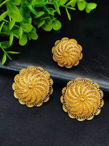 Bộ trang sức mạ vàng 6 món gồm mặt dây chuyền, bông tai, vòng tay, nhẫn và kẹp tóc, phù hợp cho cô dâu châu Âu, Trung Đông, Dubai, dùng trong đám cưới, tiệc tùng, Ngày của Mẹ, Giáng sinh, sinh nhật, hẹn hò, quà tặng ngày lễ và đeo hàng ngày. - Vàng - Xem 4