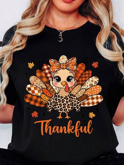 Cute Turkey Print Long Sleeve T-Shirt  Thanksgiving Turkey With Plaid Feathers And Thankful Text Autumn Holiday Casual Wear, 220g