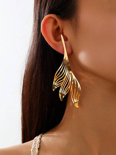 New Arrival European & American Style Hollow Leaf Tassel Long Earrings, Gold Metal Fashion Elegant Versatile Earrings For Women (No Box, Box Is For Display Only)