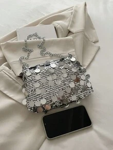 Fashionable New Sequin Shoulder Bag, Versatile Chain Strap Small Square Bag For Women , Sequin - Silver - View 11