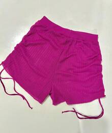 Knitted Beach Shorts With High Waistband And Adjustable Crochet On The Side - 玫瑰紅 - 查看 6