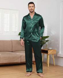 BigKing Men's Silk Satin Pajama Set, Men's Pajama Set, Soft, Long Sleeve, Button-Down - Khaki - View 8