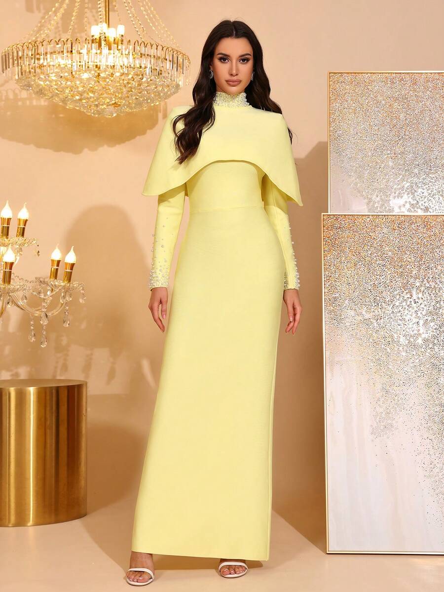 黑色新款奢华珍珠串珠露肩优雅立领长袖绷带长裙，女士正式场合礼服，开斋节 - 黃色 - 查看 1