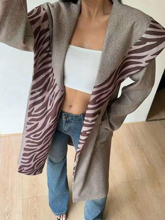 Abrigo de lana caqui con solapa ancha, estampado de cebra y bloque de color, elegante y retro para mujer en invierno y Año Nuevo