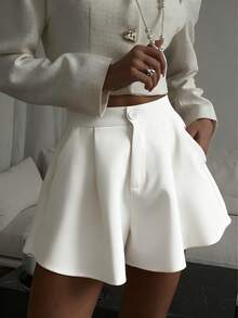 Women's Casual Solid Color Elegant Commuter Loose A-Line Pocket Shorts, Suitable For Daily Outings, Light Social Gatherings, Vacation Travel, And Home Leisure - White - View 6