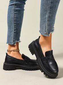 女士黑色真皮乐福鞋，轻便透气，厚底设计，配有装饰腰带，休闲平底牛津鞋，舒适柔软鞋底，学院风，适合秋冬四季穿着 - 黑色厚底光版 - 查看 6