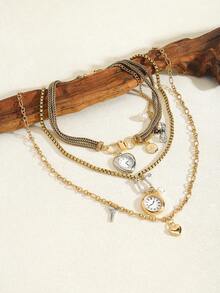 1 pieza de 3 collares con colgante de reloj bohemio retro de moda, collar con cadena de metal y colgantes contrastantes, adecuado para que las damas lo usen en su tiempo libre diario, fiestas y banquetes como regalo.