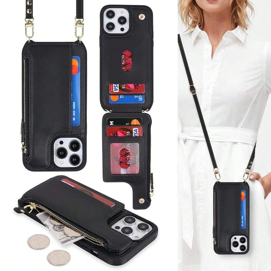 For IPhone 13 Pro Max Wallet Case With Card Holder For Women,For IPhone 12 Pro Max Case With Strap,Crossbody And Wristlet Zipper Pocket Phone Cover-Black{"Color_name":"L5-Black"} - 多色24 - 查看 1