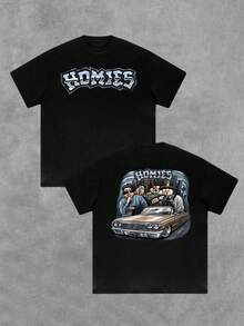 1pcs Men's Lowrider Car Homies Double Sided Printed T Shirt Retro Urban Street 220g Y2K Graphic T Shirt Hip Hop Chicano Style 100% Cotton Streetwear - Black - View 1