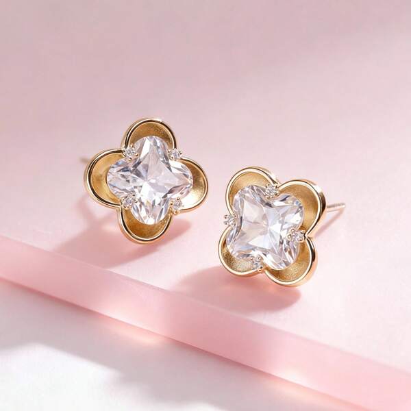 زوج من أقراط الأزهار الأنيقة ذات 4 بتلات من الزركونيا، مناسبة للارتداء اليومي