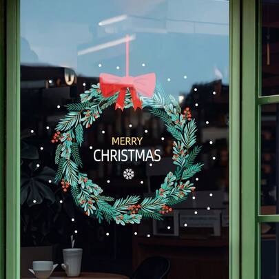 1 件圣诞装饰窗贴，圣诞花环和红色蝴蝶结玻璃贴，适用于节日派对，气氛场景装饰，可重复使用的窗户静电吸附膜，玻璃窗花门贴，圣诞节家居装饰