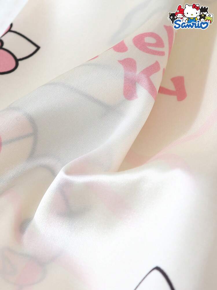 SANRIO 3 Peças Conjunto de Pijama Feminino, Top com Gola Hello Kitty de Manga Curta com Bolso e Calça/Short com Laço, Roupa Casual para Uso Doméstico, Roupas de Outono e Inverno - Branco - Visão 8