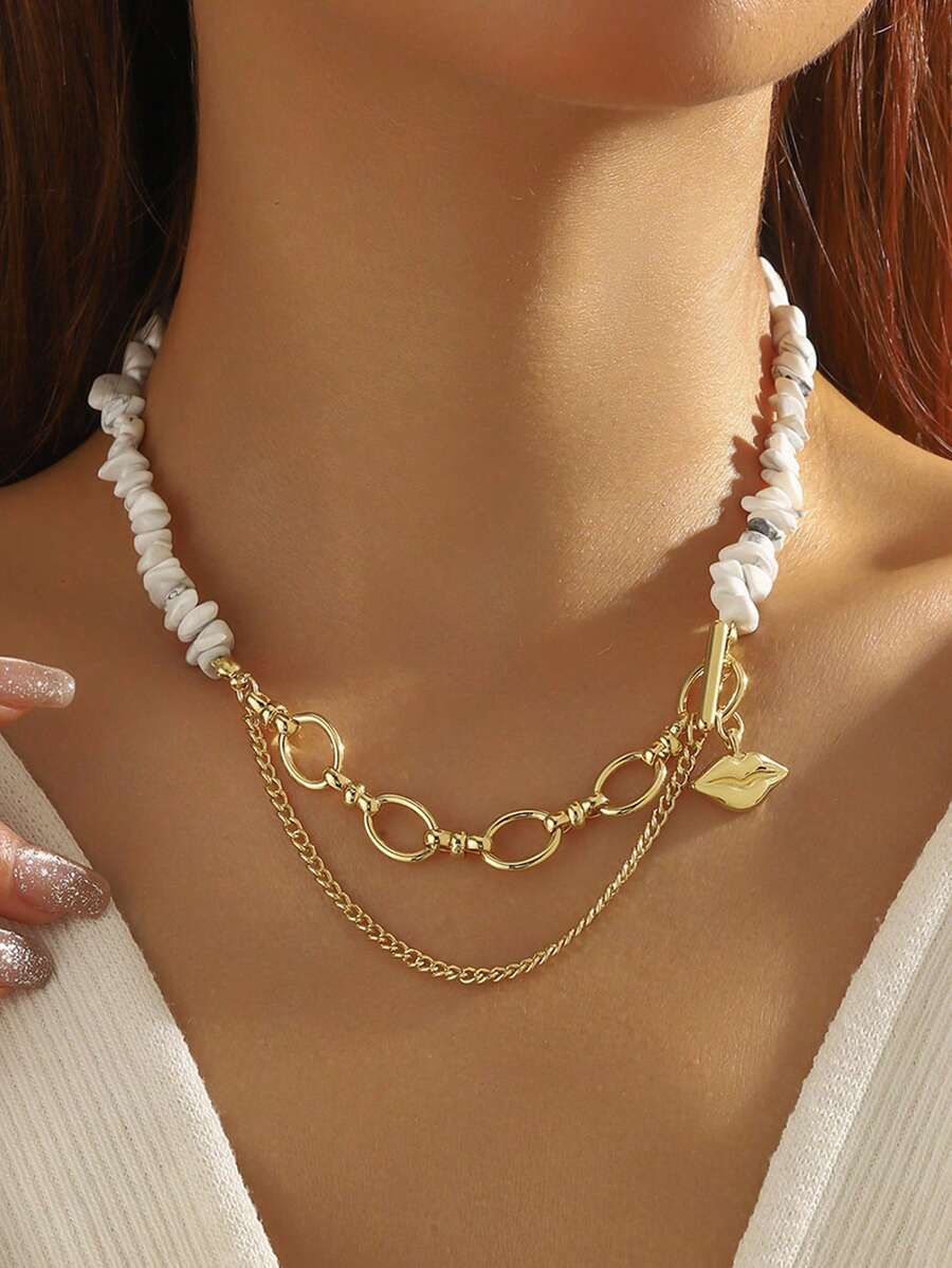 2pcs/Set Chic Versatile Asymmetrical Rhinestone Lip Necklace + Bracelet Jewelry Set, Suitable For Men & Women, Holiday Party, Daily Wear, Exquisite Christmas, Thanksgiving, Halloween, Birthday Gift