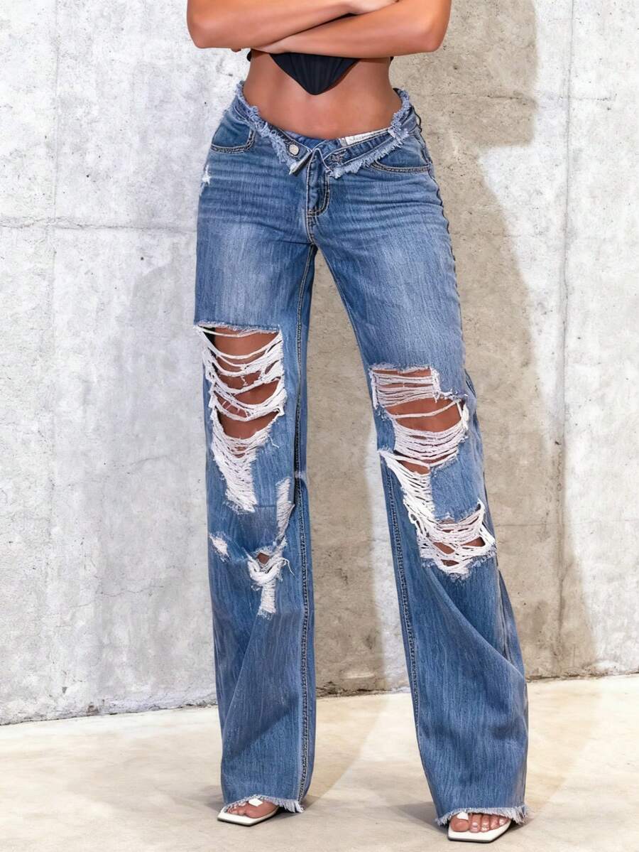 Womens Jeans With Irregular Holes And Hairy Edges, Simple And Casual Baggy Jeans, Solid Color Everyday Joker Jeans, Fall Clothes For Women Comfortable And Inelastic Trousers. - 深色水洗藍 - 查看 1