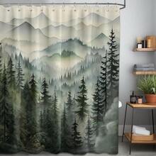 Mountain Shower Curtain Forest, Nature Shower Curtains For Bathroom, Rustic Woodland Pine Tree Landscape Bathtub Curtain Men Bath Decor, Waterproof Polyester Fabric With Hooks (Green,84x72in){"Color_name":"Green","Size_name":"70\"Wx84\"L(Packof1)"} - 多色23 - 查看 3