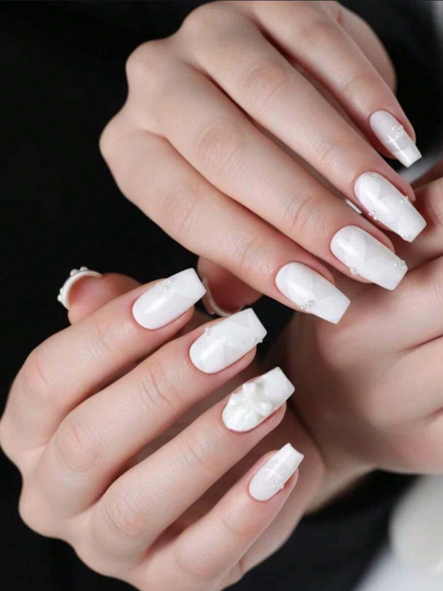 10Pcs Handmade French Style Press On Nails Medium Coffin Cat Eye Golden Line White, Elegant Party Design, Glossy Gradient Finish, Summer & Wedding & Prom & Daily Wear, For Women & Girls, Includes Nail File, Reusable Wearable - Nailrosy - 白色 - 查看 1