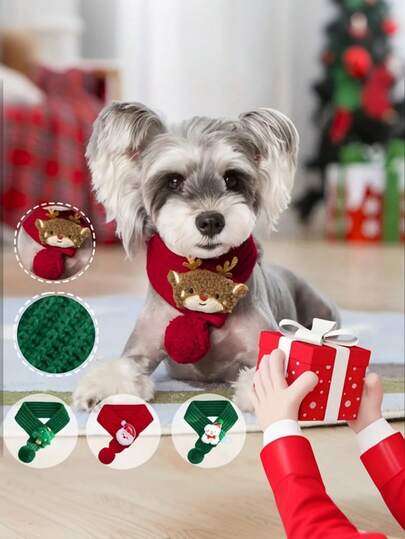 1 件针织冬季宠物圣诞围巾，带绒球 - 柔软温暖的猫狗围巾，红绿主题配白色饰边，可机洗衬垫，适合中小型宠物，节日服装和角色扮演配饰，完美的节日礼物