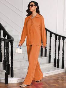 2pcs Women's Fashionable Pleated Shirt And Comfortable Wide-Leg Pants Set, Casual, Ladies Spring/Fall Casual Pocket, Zipper Long Sleeve Loose Blouse Pants Women Two-Piece Outfits, Casual Daily Wear - 橘色 - 查看 3