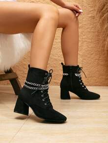 女士圆头切尔西靴，高跟厚底粗跟时尚靴子，防水冬靴，优雅黑色圆头粗跟高跟鞋，适合派对和度假 - 黑色 - 查看 5