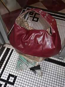 Campus Chic 豹纹双面托特包，大容量学生单肩包，酒红色，适合大学女生，街头日系女包，时尚酒红色包 - 紅色 - 查看 2