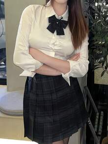 1pc Academic Style JK Uniform - White Fitted Long Sleeve Top And Charcoal Gray Plaid Skirt Set, Includes Plaid Tie