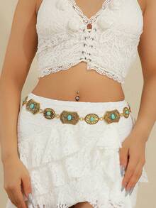 Adjustable Bohemian Style Gold Metal Waist Chain, Fashion Geometric Pattern Waist Belt For Women, Party Wear, Zinc Alloy Metallic Waist Belt, Suitable For Spring, Summer, Autumn, Winter