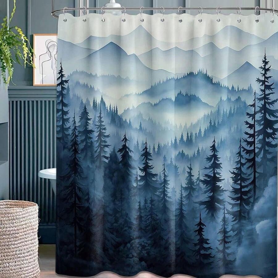 Mountain Shower Curtain Sets, Navy Blue Shower Curtains For Bathroom, Nature Woodland Forest Waterproof Pine Tree Bathroom Decor For Men, Polyester Fabric With Hooks, 72x72 In{"Color_name":"Blue","Size_name":"70\"Wx72\"L(Packof1)"} - 多色2 - 查看 1